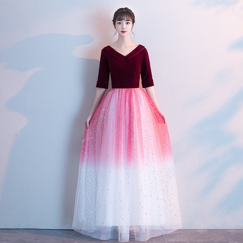 一字肩星空グラデーションドレス2025新型宴会気質端正司会者気場女王ワンピース 一字肩星空グラデーションドレス2025新型宴会気質端正司会者気場女王ワンピース