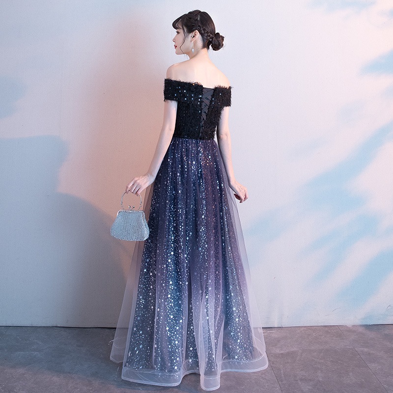 一字肩星空グラデーションドレス2025新型宴会気質端正司会者気場女王ワンピース 一字肩星空グラデーションドレス2025新型宴会気質端正司会者気場女王ワンピース