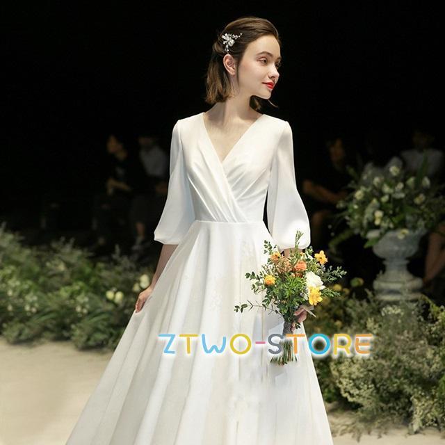 ウェディングドレス 袖あり ウェディングドレス 大きいサイズ 3L 4L 小さいサイズ ウェディングドレス 二次会 シンプル カシュクール Vネック 五分袖 七分袖 ウェディングドレス 袖あり ウェディングドレス 大きいサイズ 3L 4L