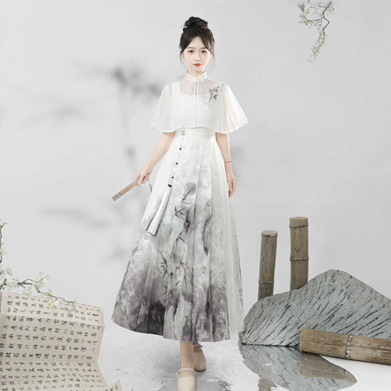 【フルセット】水墨寒江新韓国ワンピースストールセット改改馬スカート女