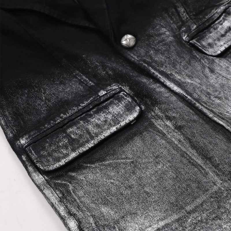 BADBLOODメタリック絵画デニムブレザーラージフィット - ブラック/シルバー BADBLOODメタリック絵画デニムブレザーラージフィット - ブラック/シルバー