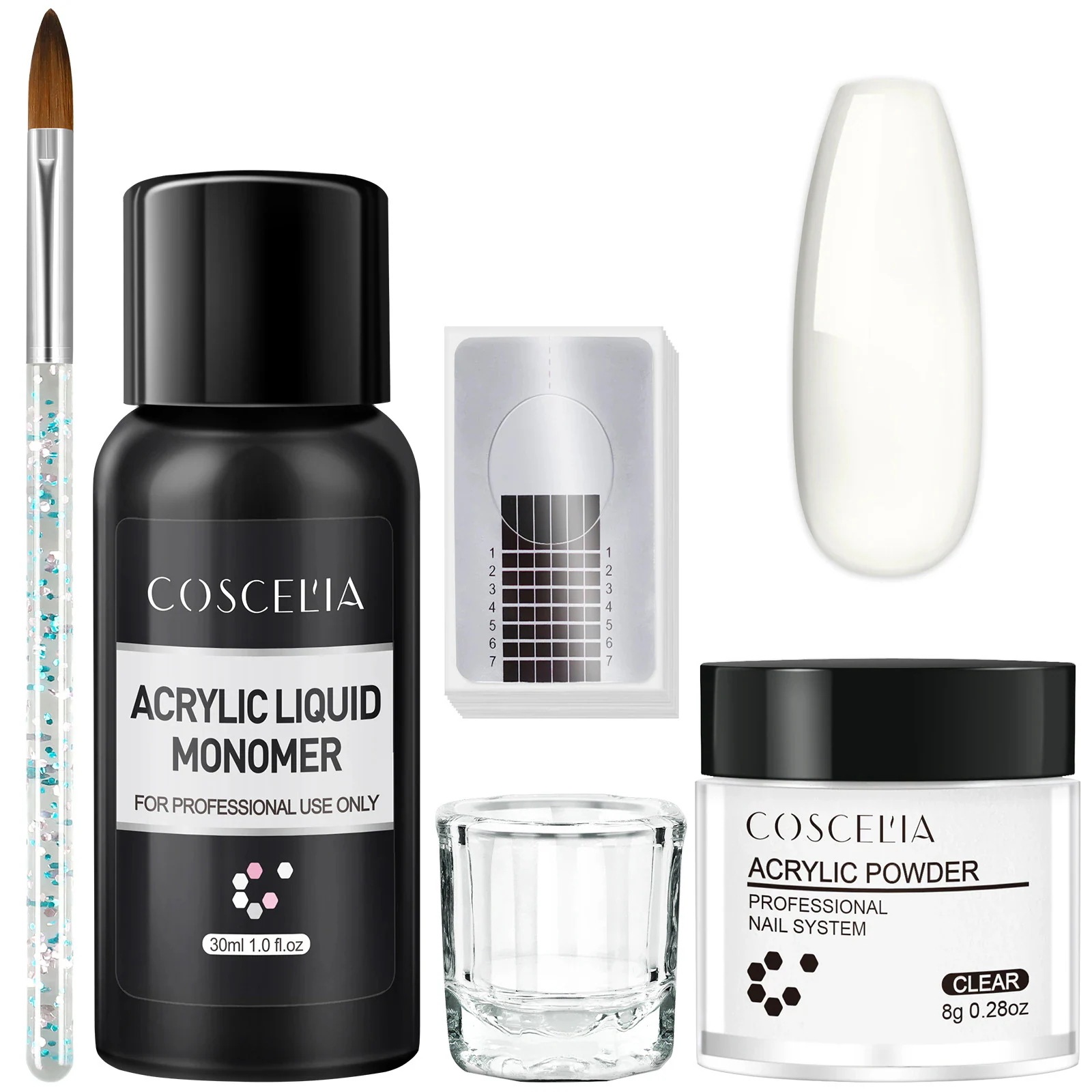 每日更新人気 対応 耐久性のある美しい5点セット アクリルパウダー アクリルパウダーキット アクリルリキッド 長さだしネイル ネイルフォーム クリア 3Dネイルアート 初心者 プロ向け