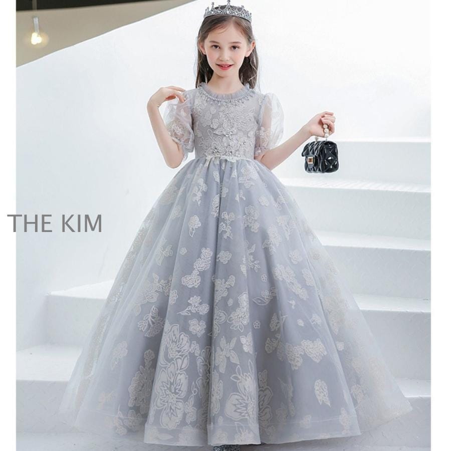 子供ドレス 発表会ドレスシルバー 袖あり ジュニア 女の子 ロング コンクール ワンピース 結婚式 キッズ 160 150 140 こども フォーマル