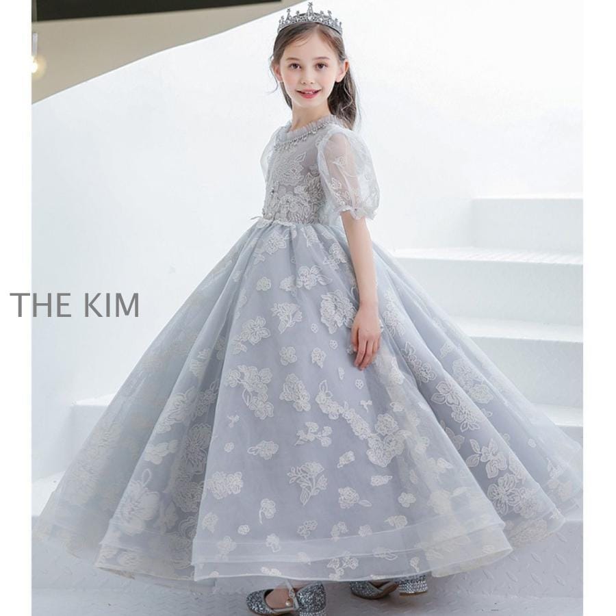 子供ドレス 発表会ドレスシルバー 袖あり ジュニア 女の子 ロング コンクール ワンピース 結婚式 キッズ 160 150 140 こども フォーマル