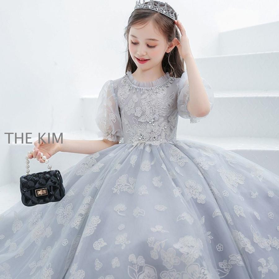 子供ドレス 発表会ドレスシルバー 袖あり ジュニア 女の子 ロング コンクール ワンピース 結婚式 キッズ 160 150 140 こども フォーマル