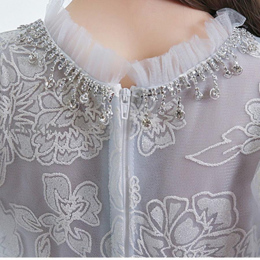 子供ドレス 発表会ドレスシルバー 袖あり ジュニア 女の子 ロング コンクール ワンピース 結婚式 キッズ 160 150 140 こども フォーマル