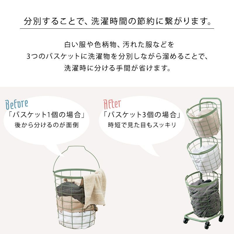ランドリーラック 3段 おしゃれ 角型バスケット3個 キャスター付き ランドリーラック 3段 おしゃれ 角型バスケット3個 キャスター付き