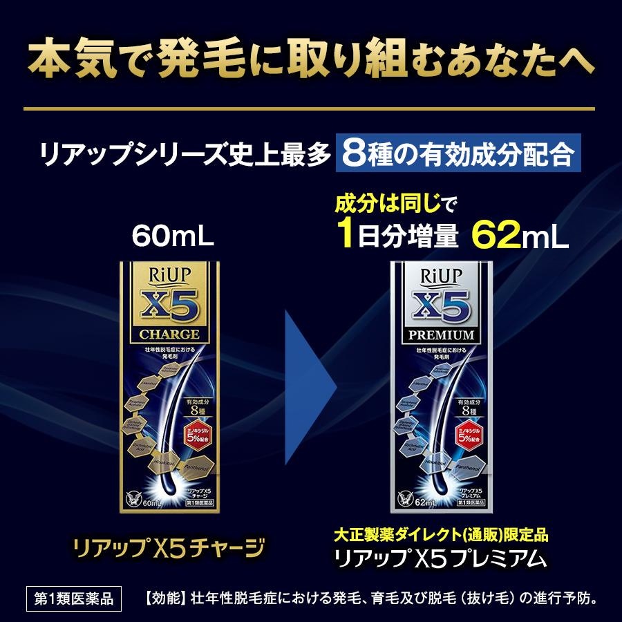 【第1類医薬品】 リアップX5プレミアム 62mL 2本 発毛 育毛 脱毛 抜け毛 進行予防 ミノキシジル 当店薬剤師からのメールにご返信頂いた後の発送 大正製薬