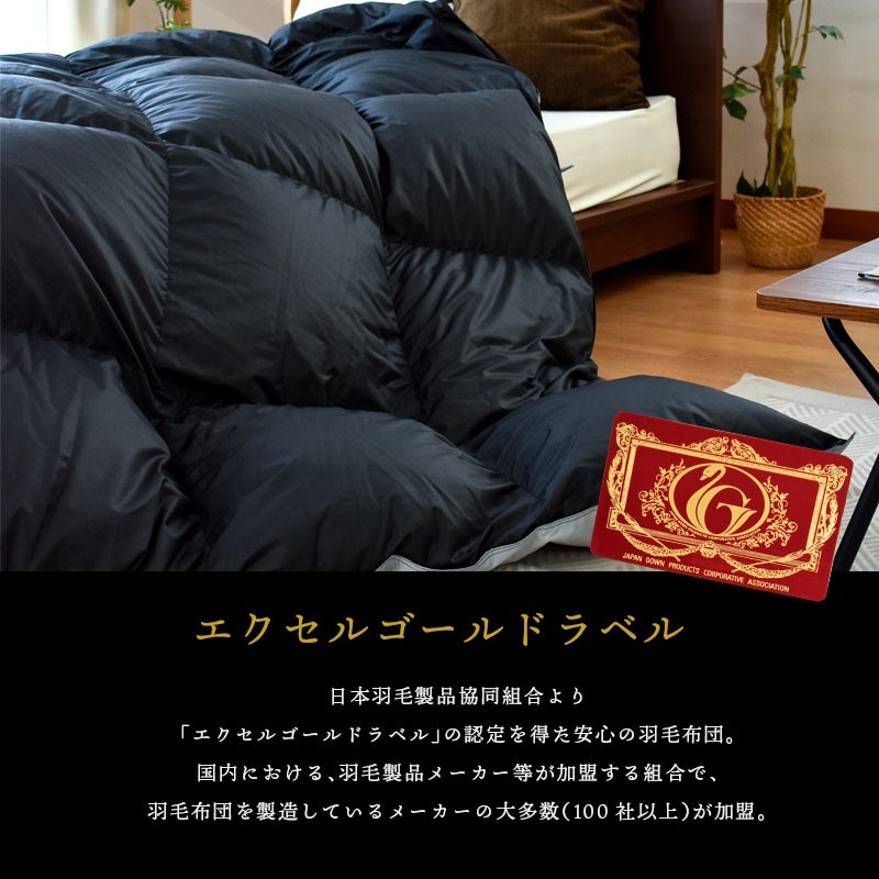 羽毛布団 シングル 150X210cm リバーシブル幻 ダックダウン90％ エクセルゴールドラベル付き 立体キルト 日本製 モノトーン3SA-10KCT500301BK-GY