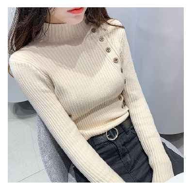 【大好評!最安値挑戦!】ボタンデザイン トップス ニットソー セーター 白トップス 袖あり 長袖 ハイネック タイト シンプル 【大好評!最安値挑戦!】ボタンデザイン トップス ニットソー セーター 白トップス 袖あり 長袖 ハイネック タイト シンプル