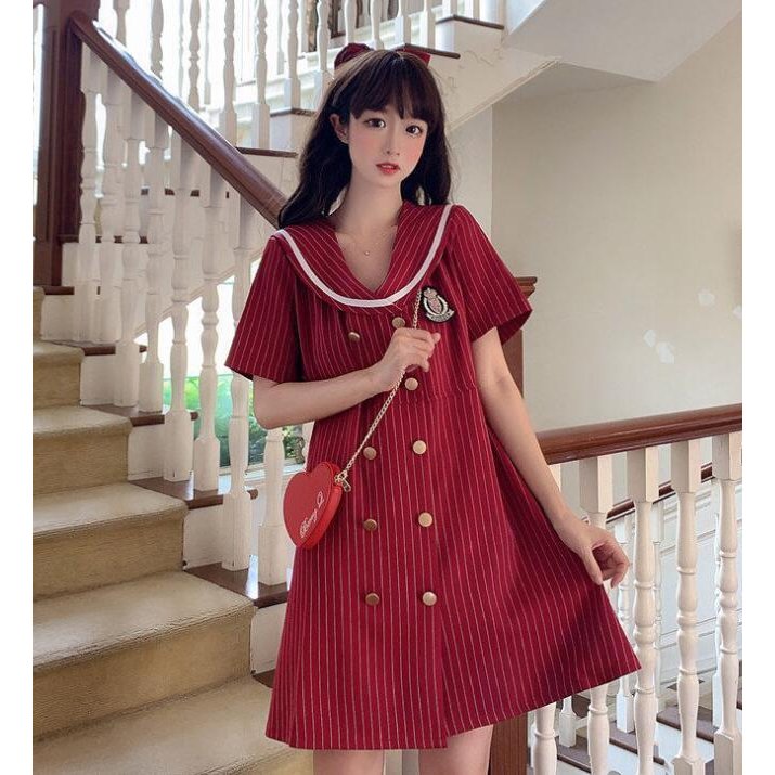 ガーリーワンピース 夏ワンピース カレッジスタイル ストライプ柄 セーラー 半袖 お試し価格 セーラーワンピース
