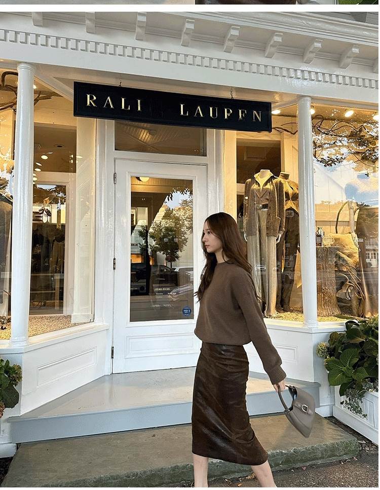 クーポン有ニット セーター トップス 普通丈トップス カットソー 秋 冬 裾イン 長袖 萌袖 クルーネック 丸首 セミフレア ふっくら ブラウン 茶色 無地 オフィス 学校 大学 職場 バイト 旅行