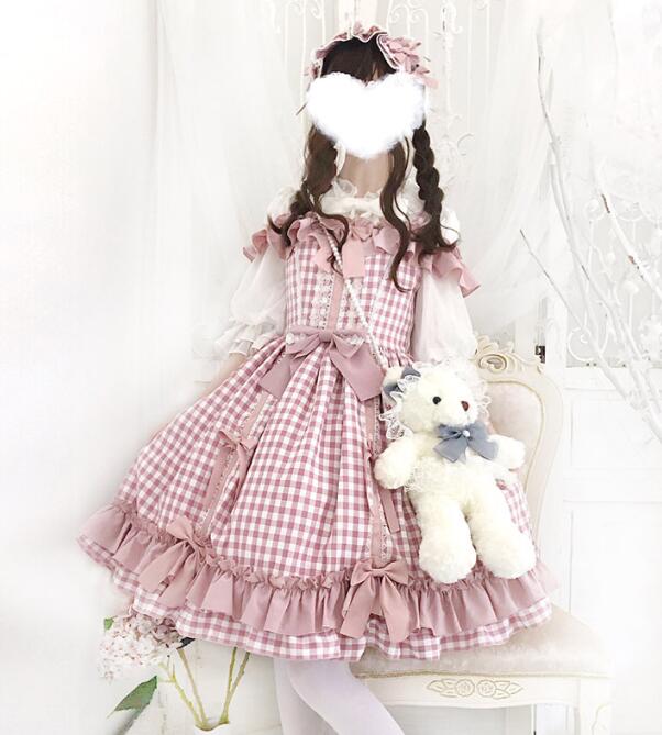 レディースロリータドレス JSKドレス　可愛いワンピース レース リボン チェック柄 lolita 洋服 コスプレ衣装 コスムワンピース 文化祭 学園際 キャミソールドレス ピンク S M L