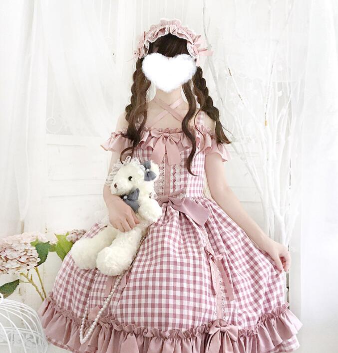 レディースロリータドレス JSKドレス　可愛いワンピース レース リボン チェック柄 lolita 洋服 コスプレ衣装 コスムワンピース 文化祭 学園際 キャミソールドレス ピンク S M L