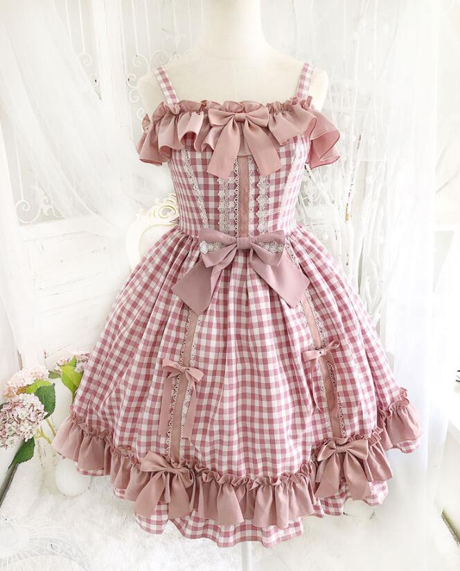 レディースロリータドレス JSKドレス　可愛いワンピース レース リボン チェック柄 lolita 洋服 コスプレ衣装 コスムワンピース 文化祭 学園際 キャミソールドレス ピンク S M L
