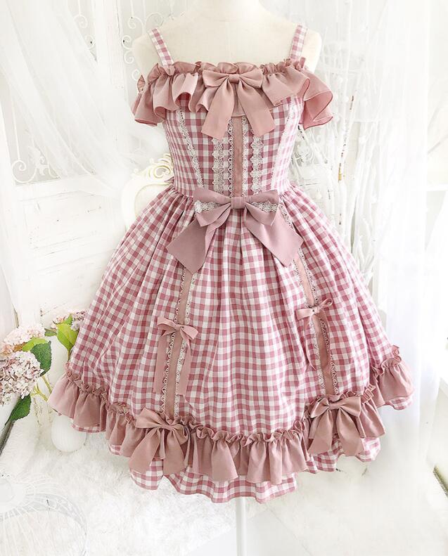 レディースロリータドレス JSKドレス　可愛いワンピース レース リボン チェック柄 lolita 洋服 コスプレ衣装 コスムワンピース 文化祭 学園際 キャミソールドレス ピンク S M L