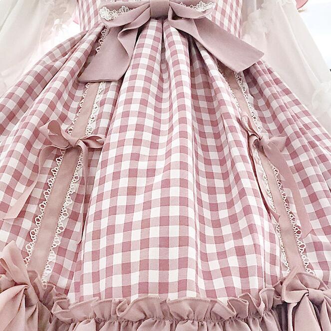 レディースロリータドレス JSKドレス　可愛いワンピース レース リボン チェック柄 lolita 洋服 コスプレ衣装 コスムワンピース 文化祭 学園際 キャミソールドレス ピンク S M L