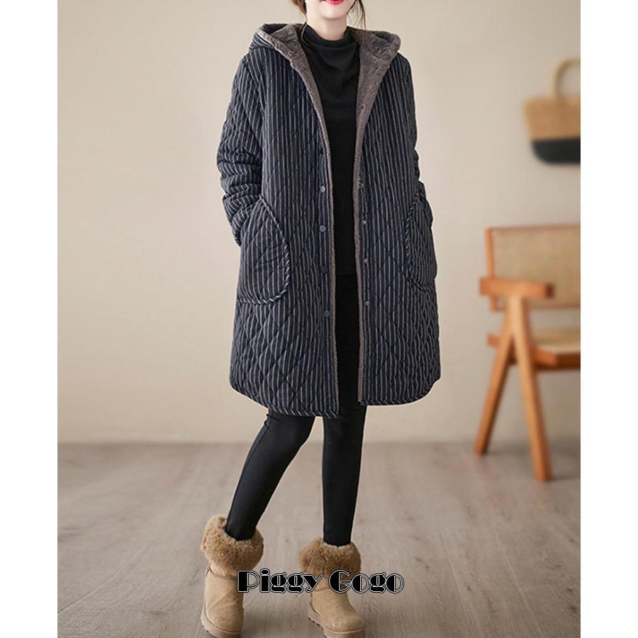 ロング中綿コート 裏起毛 厚手 コート レディース 冬 ロングコート アウター フード付き ポッケトあり 中綿 体型カバー 大きい