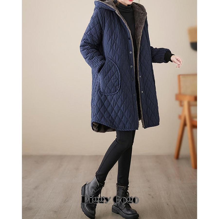 ロング中綿コート 裏起毛 厚手 コート レディース 冬 ロングコート アウター フード付き ポッケトあり 中綿 体型カバー 大きい
