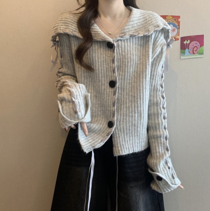 秋冬新作リボンラペルニットカーディガンレディースネイビーカラー柔らかくて粘り気のある気質セーターレディース347 秋冬新作リボンラペルニットカーディガンレディースネイビーカラー柔らかくて粘り気のある気質セーターレディース347