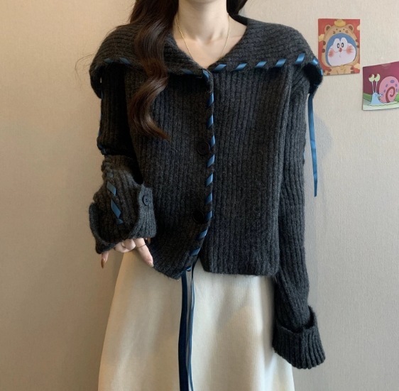 秋冬新作リボンラペルニットカーディガンレディースネイビーカラー柔らかくて粘り気のある気質セーターレディース347 秋冬新作リボンラペルニットカーディガンレディースネイビーカラー柔らかくて粘り気のある気質セーターレディース347