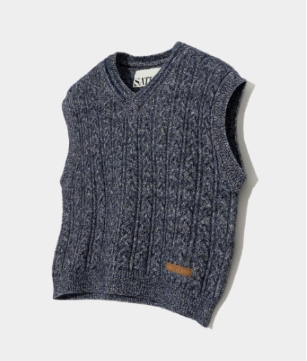 【SATUR】 MELANGE HAIRY CABLE V-NECK VEST : WARM NAVY