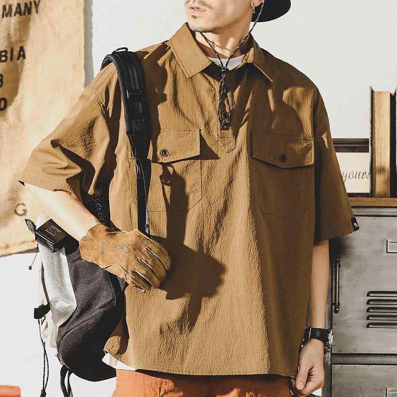 ポロシャツ アメリカン レトロ ワークシャツ メンズ 半袖 夏 半袖 ゴールデン ブラウン グレー 男性 吸湿性 通気性