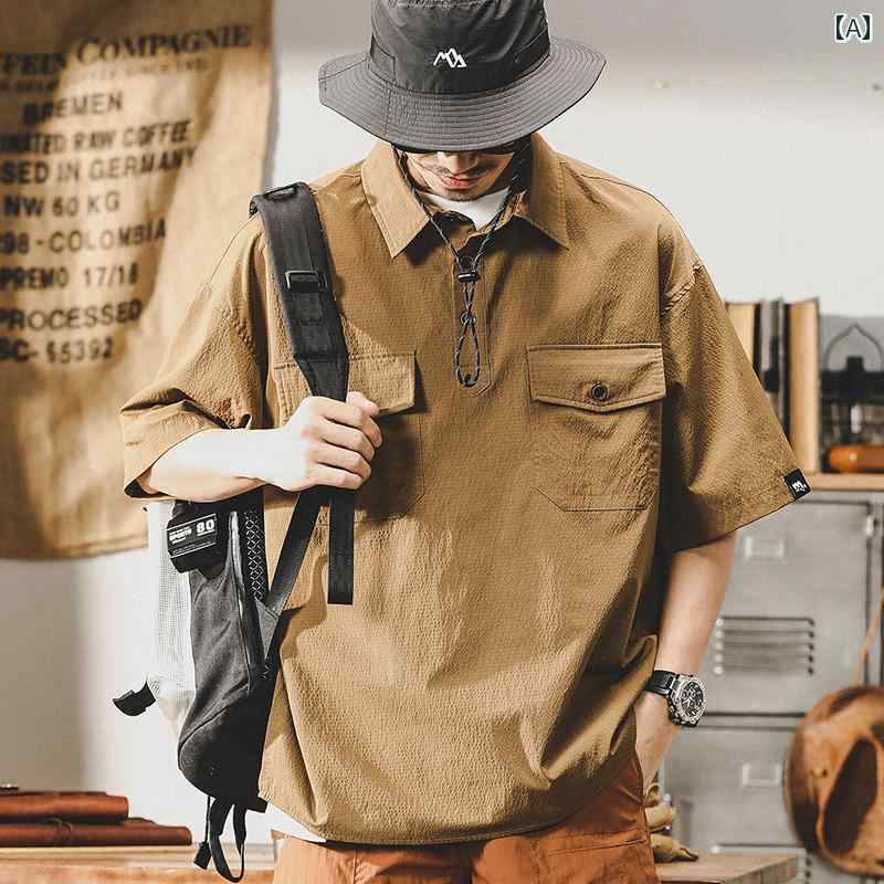 ポロシャツ アメリカン レトロ ワークシャツ メンズ 半袖 夏 半袖 ゴールデン ブラウン グレー 男性 吸湿性 通気性