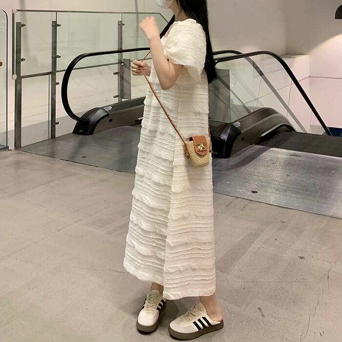 ワンピース ワンピ ドレス フリル レディース エレガント きれいめ カジュアル 半袖 大人 可愛い フェミニン Aライン ロング丈 ナチュラル スクエアネック オフショルダー ゆったり リラックス