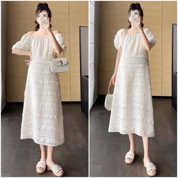 ワンピース ワンピ ドレス フリル レディース エレガント きれいめ カジュアル 半袖 大人 可愛い フェミニン Aライン ロング丈 ナチュラル スクエアネック オフショルダー ゆったり リラックス