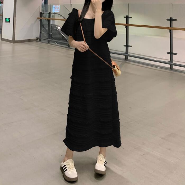 ワンピース ワンピ ドレス フリル レディース エレガント きれいめ カジュアル 半袖 大人 可愛い フェミニン Aライン ロング丈 ナチュラル スクエアネック オフショルダー ゆったり リラックス