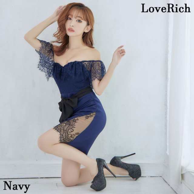 オフショル レース フリル スリット リボン タイト ミニドレス キャバドレス [0988]