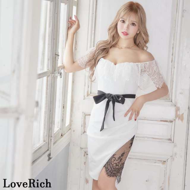 オフショル レース フリル スリット リボン タイト ミニドレス キャバドレス [0988]