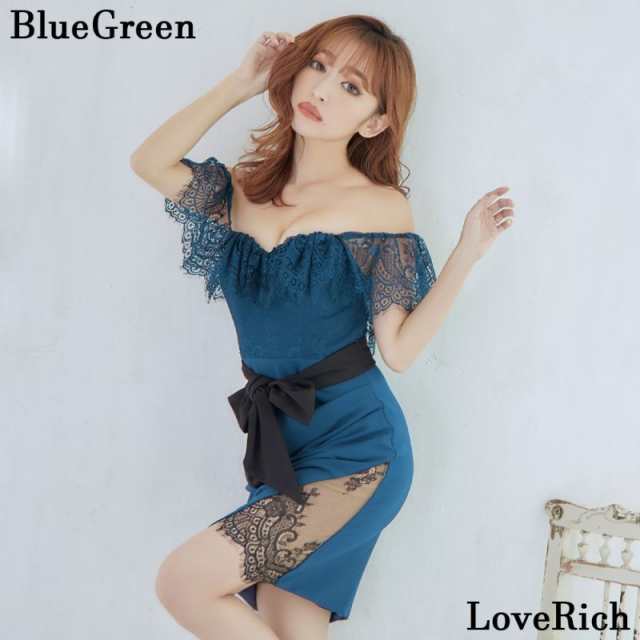 オフショル レース フリル スリット リボン タイト ミニドレス キャバドレス [0988]