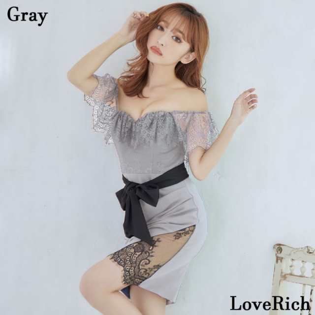 オフショル レース フリル スリット リボン タイト ミニドレス キャバドレス [0988]