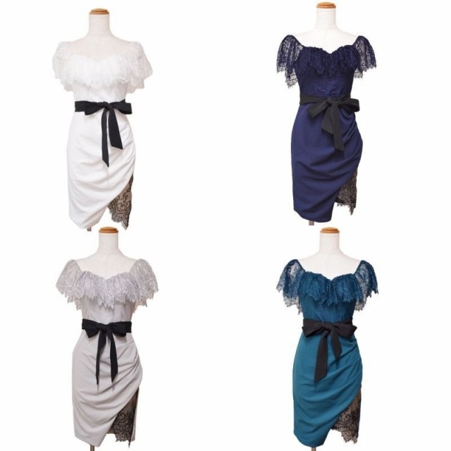 オフショル レース フリル スリット リボン タイト ミニドレス キャバドレス [0988]