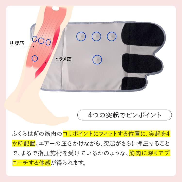 ギュットプッシャー ふくらはぎをギューッと締めて一気に解放 ご自身の好みやコンディションに合わせて手動でエアの圧を変えられます ギュットプッシャー ふくらはぎをギューッと締めて一気に解放 ご自身の好みやコンディションに合わせて手動でエアの圧を変えられます