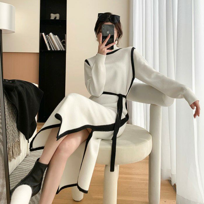 年 秋冬 新作 ハイネック バイカラー ミモレ丈 ニットワンピース