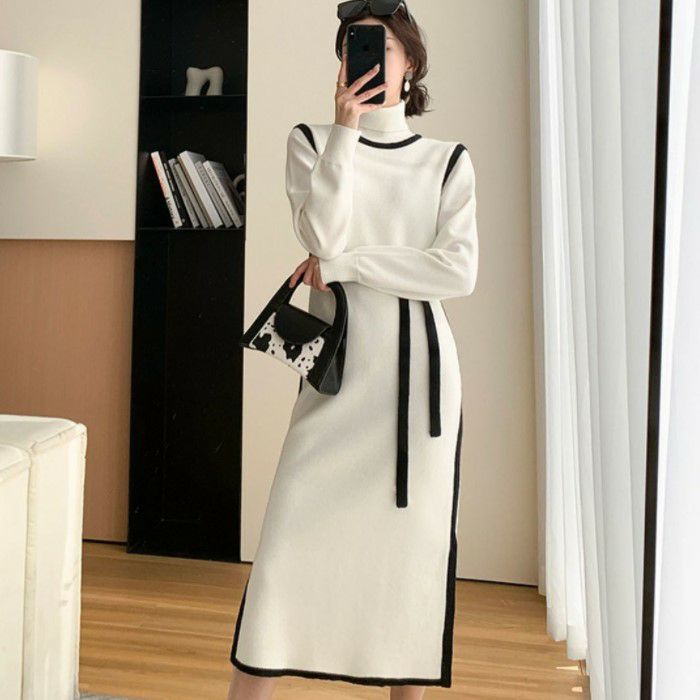 年 秋冬 新作 ハイネック バイカラー ミモレ丈 ニットワンピース