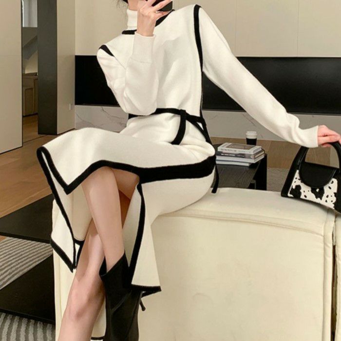 年 秋冬 新作 ハイネック バイカラー ミモレ丈 ニットワンピース