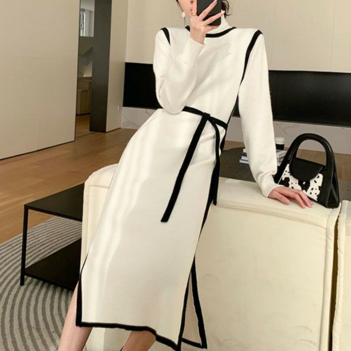年 秋冬 新作 ハイネック バイカラー ミモレ丈 ニットワンピース