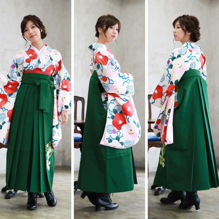 販売 袴 セット 卒業式 女性 ブーツ付き16点フルセット 購入 卒業式袴セット 2尺袖着物＆袴 オフホワイト地に赤ピンクのレトロ椿と青の八重桜 ブーツ レトロ モダン 大学 販売 安い