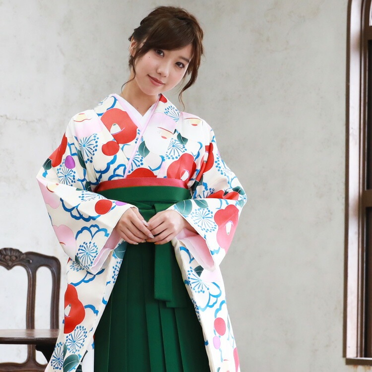 販売 袴 セット 卒業式 女性 ブーツ付き16点フルセット 購入 卒業式袴セット 2尺袖着物＆袴 オフホワイト地に赤ピンクのレトロ椿と青の八重桜 ブーツ レトロ モダン 大学 販売 安い