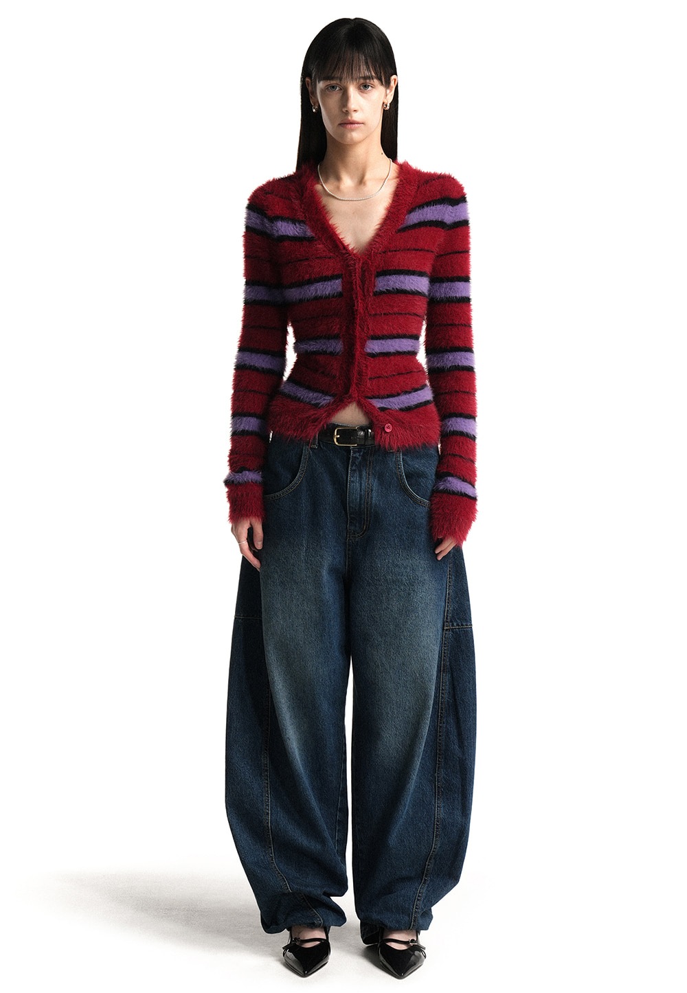 【WOOALONG】 STRIPE BRUSHED SLIM LINE CARDIGAN : 2COLORS