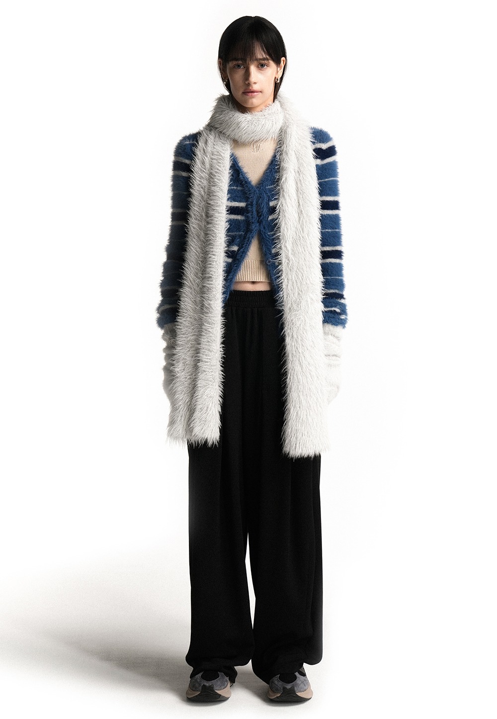 【WOOALONG】 STRIPE BRUSHED SLIM LINE CARDIGAN : 2COLORS