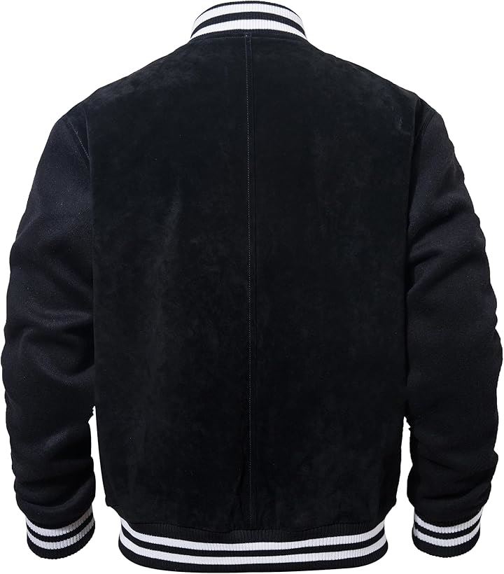 メンズ カジュアル レザー 野球ジャケット ポリエステル 袖 ボンバージャケット スエード バーシティジャケット 軽量(ブラック, 3XL)