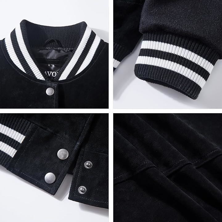 メンズ カジュアル レザー 野球ジャケット ポリエステル 袖 ボンバージャケット スエード バーシティジャケット 軽量(ブラック, 3XL)