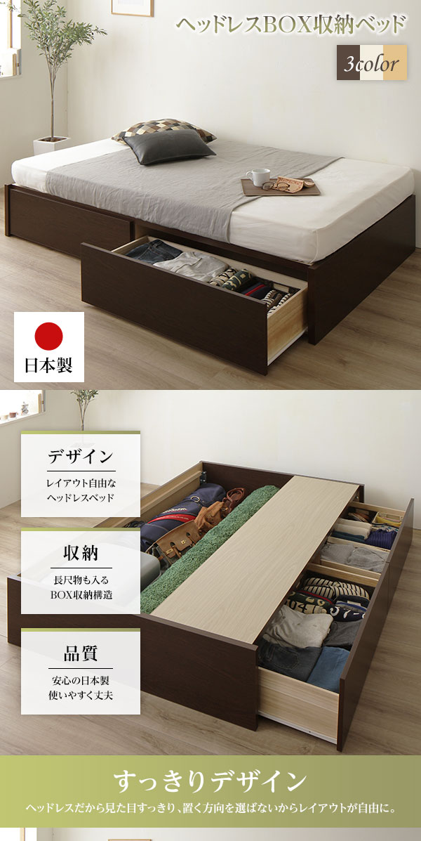 [お客様組み立て]ヘッドレス 頑丈ボックス収納 ベッド セミダブル ダークブラウン 3ゾーンポケットコイルマットレス付き 引き出し2杯 日本製