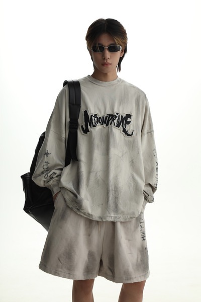 秋の新しい交通パスワード&LDQUODIRTYFIT&RDQUO落書き古い汚れた長袖Tシャツ男性用