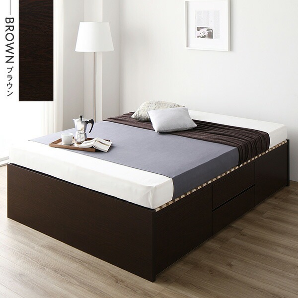 [お客様組立]収納ベッド ダブル 国産薄型ポケットコイルマットレス付 ブラウン BBB